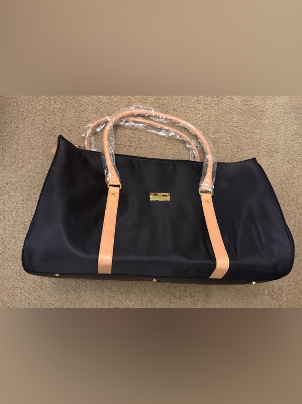 SM New York Black Tote with Tan Handles and Gold Plaque